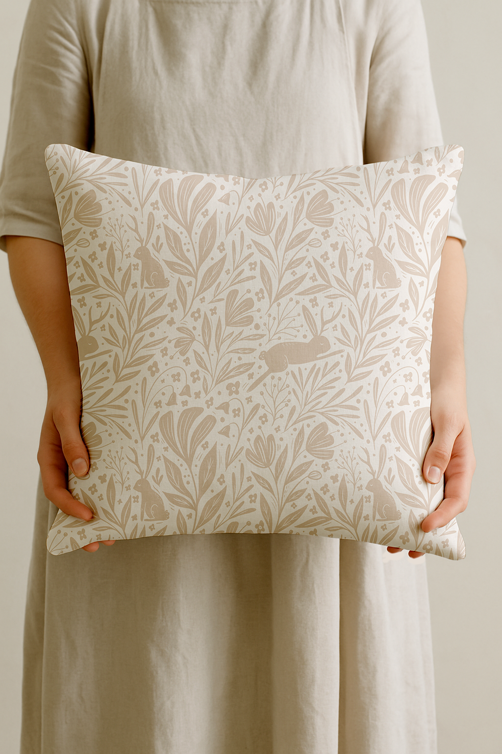 Enchanted Floor – Woodland Hare Cushion in Blush Cotton-Linen