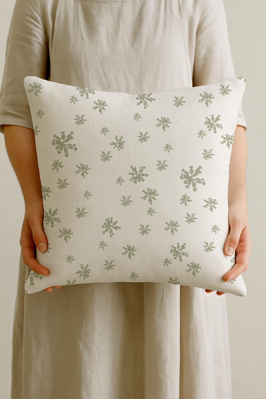 Primula Scatter – Green | White Floral Repeat Cushion in Cotton-Linen