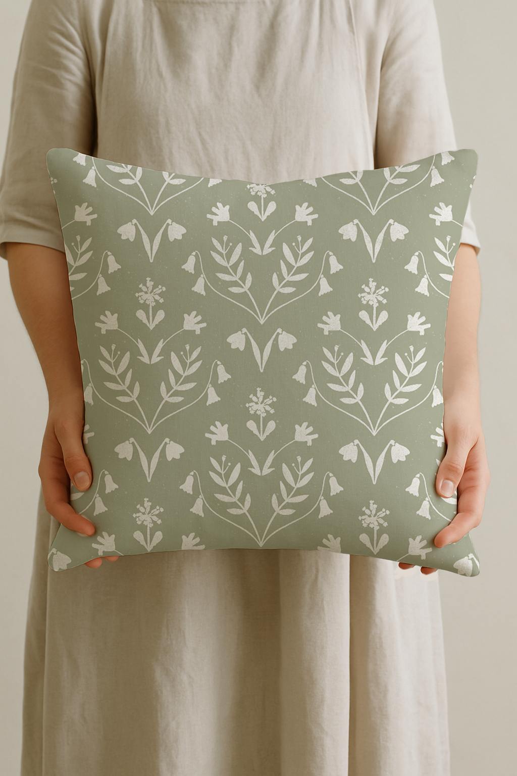 Woodland Wake Cushion – Vintage Green Floral with Blush Stripe