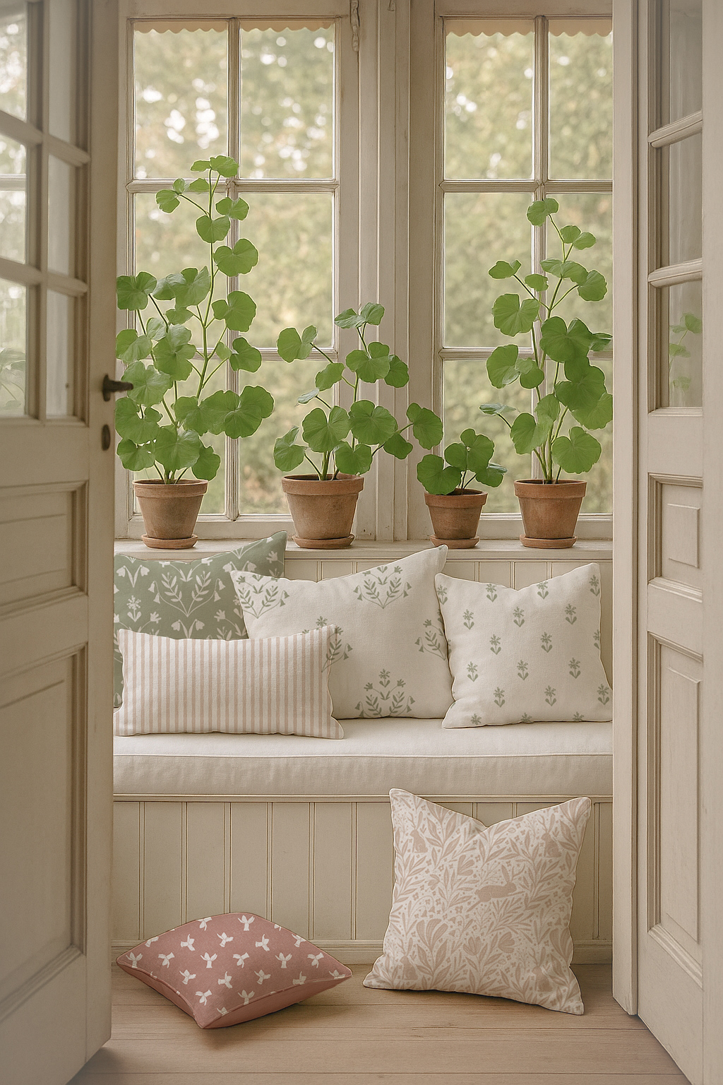 A softly layered group of handmade cushions in natural cotton-linen. Includes blush, clay, and green florals, plains, and stripes from Hills & Hedgerows.