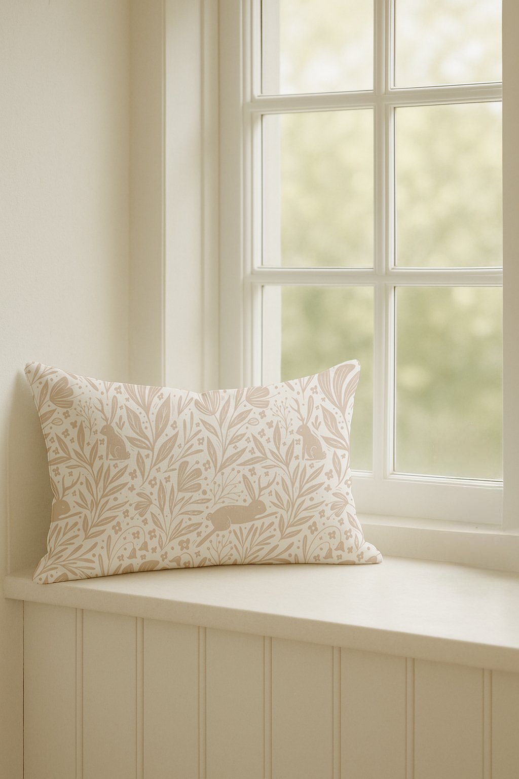 Enchanted Floor – Woodland Hare Cushion in Blush Cotton-Linen
