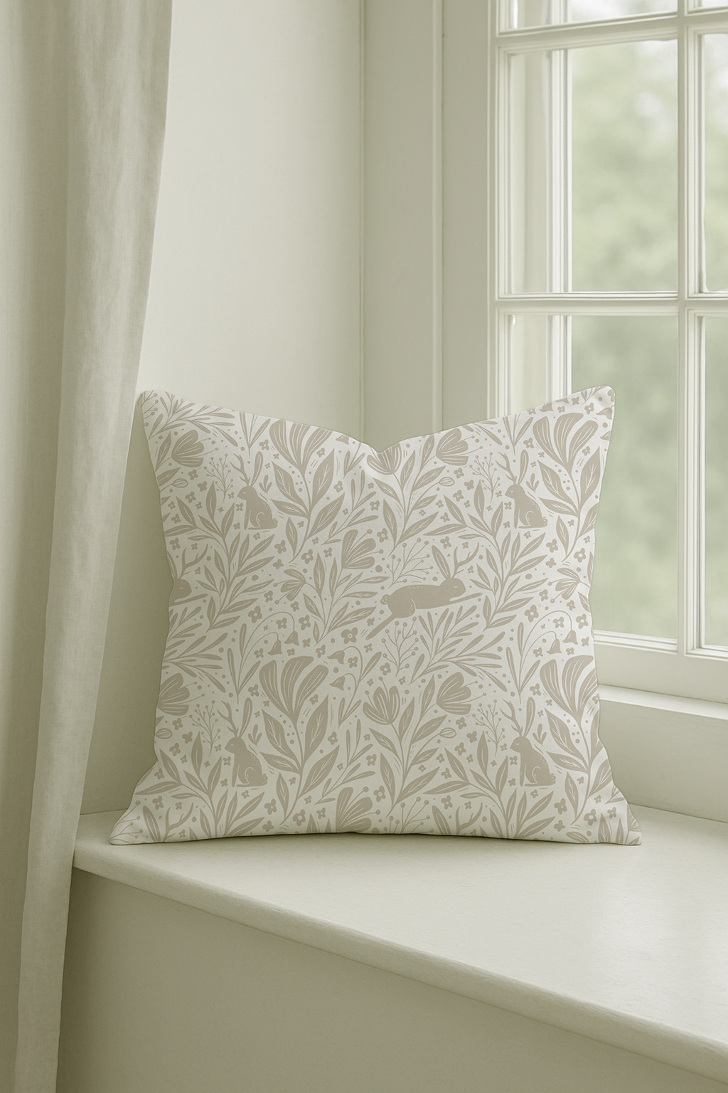 A blush woodland cushion with hidden hares. Handmade in the UK from soft cotton-linen — ideal for calm interiors.