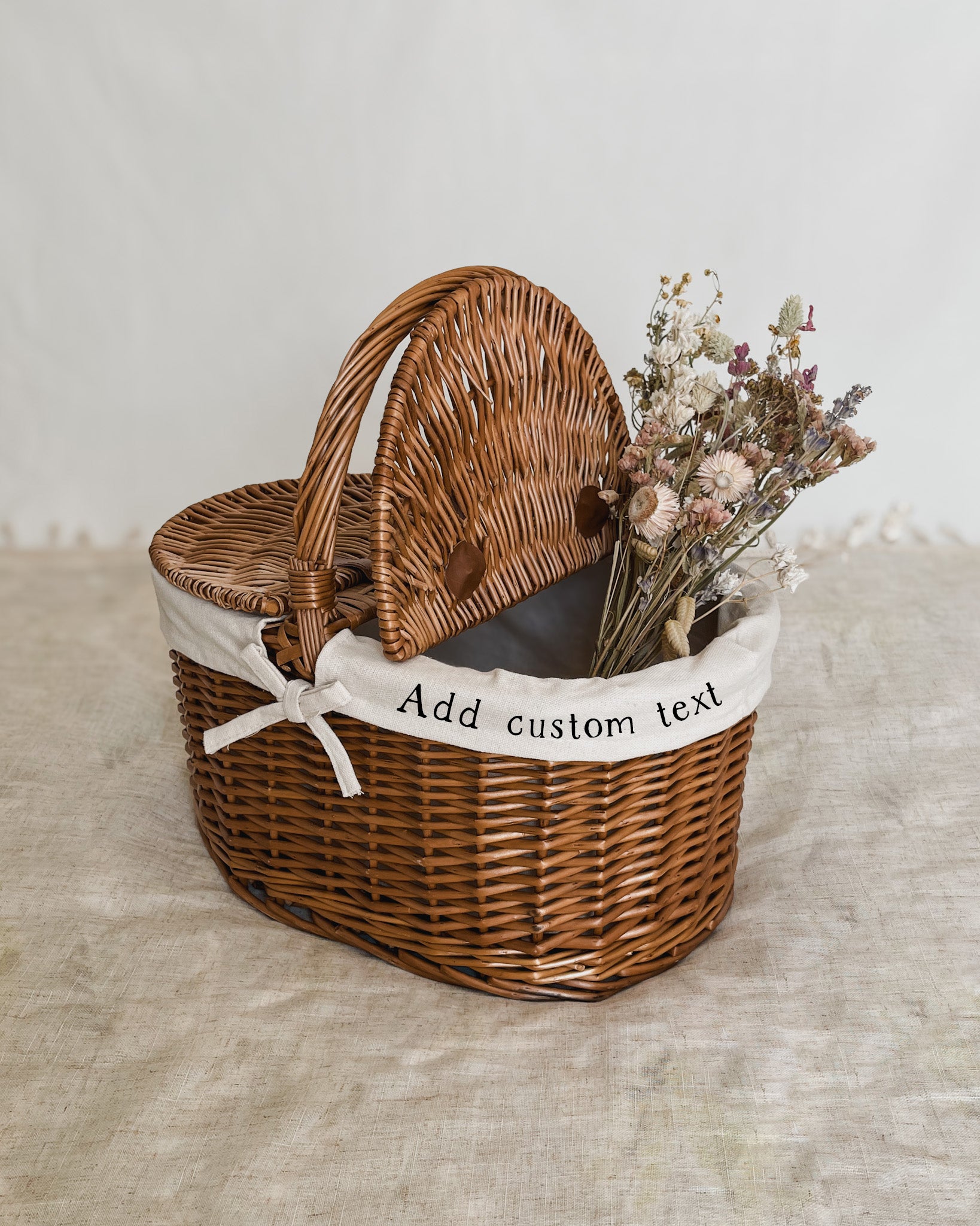Personalised Medium Oval Lidded Wicker Hamper and Customisable Picnic Basket