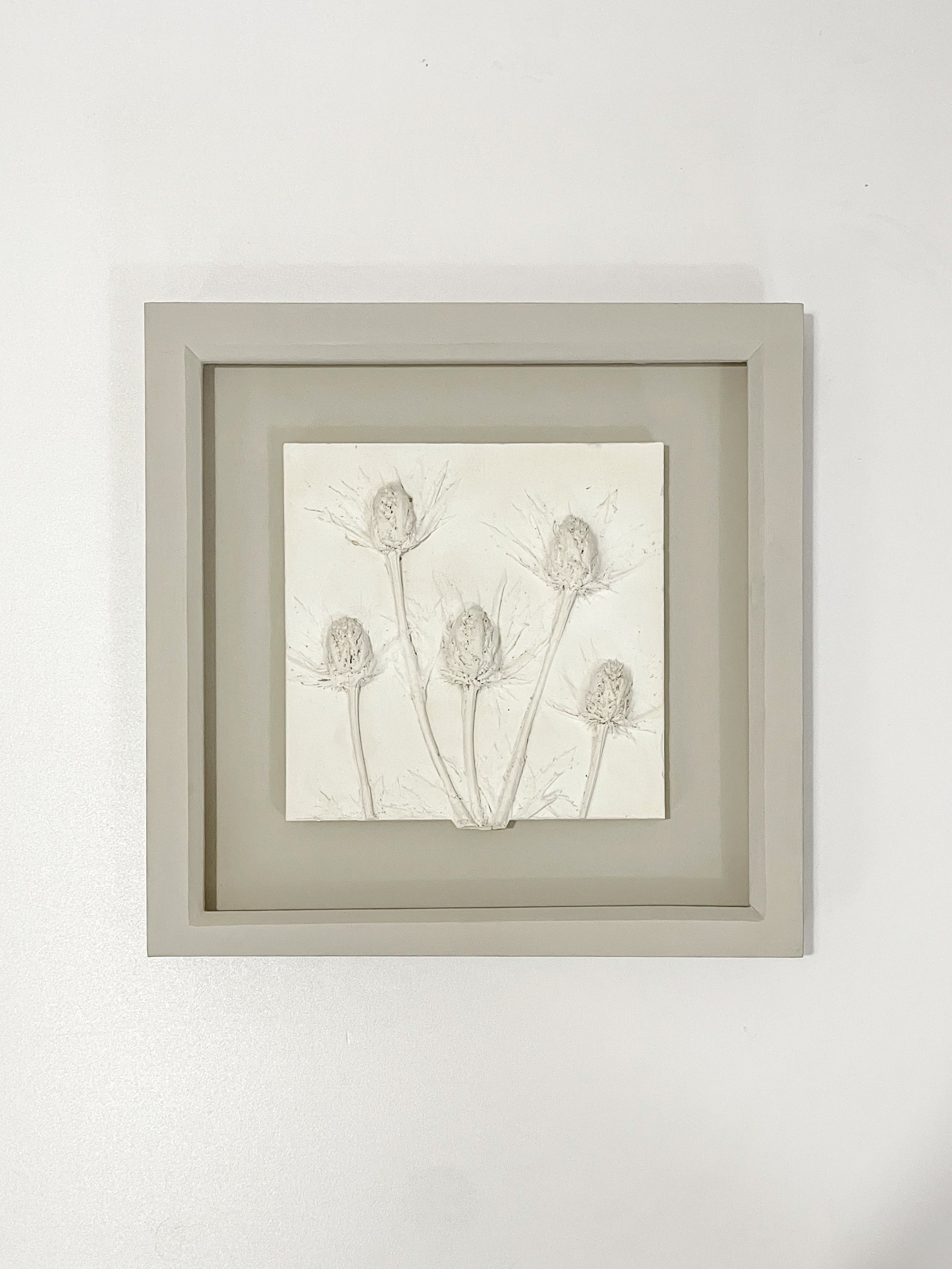 Handcrafted Thistle Botanical Relief in neutral tones, framed and featuring rustic edges. 14x14cm plaster artwork with intricate thistle detailing for natural and timeless home decor.