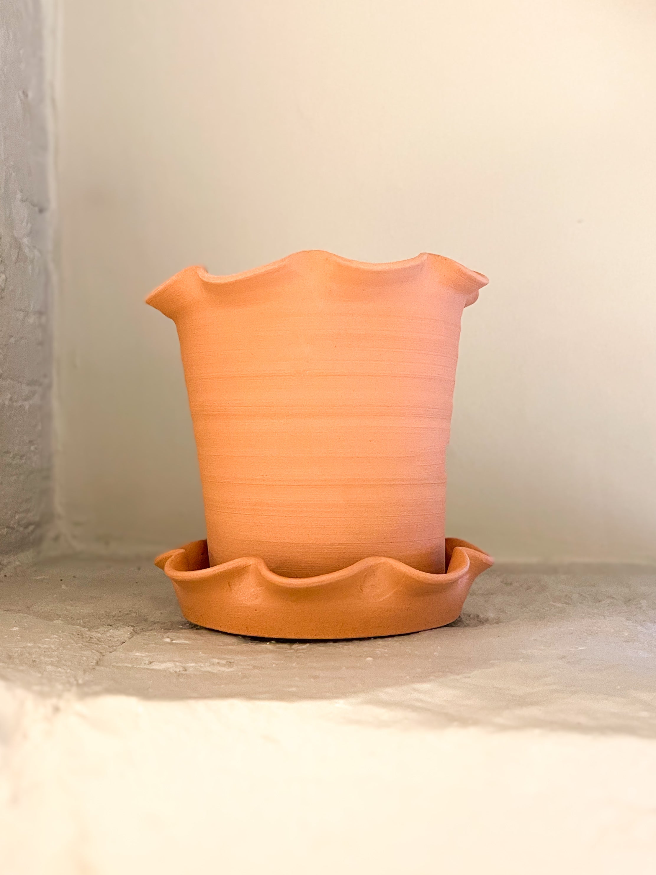 Handcrafted small terracotta plant pot with wavy rim and matching saucer, designed by Norfolk-based ceramicist Paige Mitchell, perfect for succulents, herbs, and modern indoor decor.